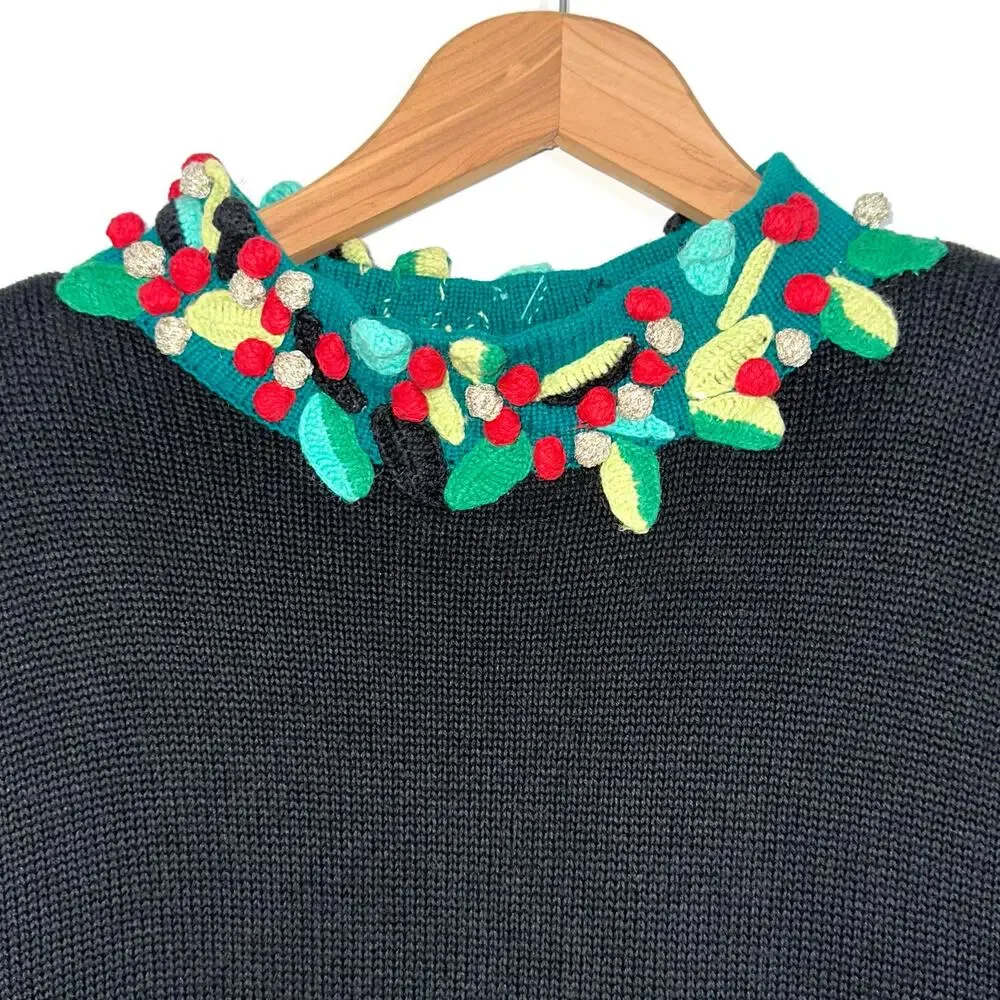 Vintage Marisa Christina Christmas Holly Berries Bow Knit Sweater Size M